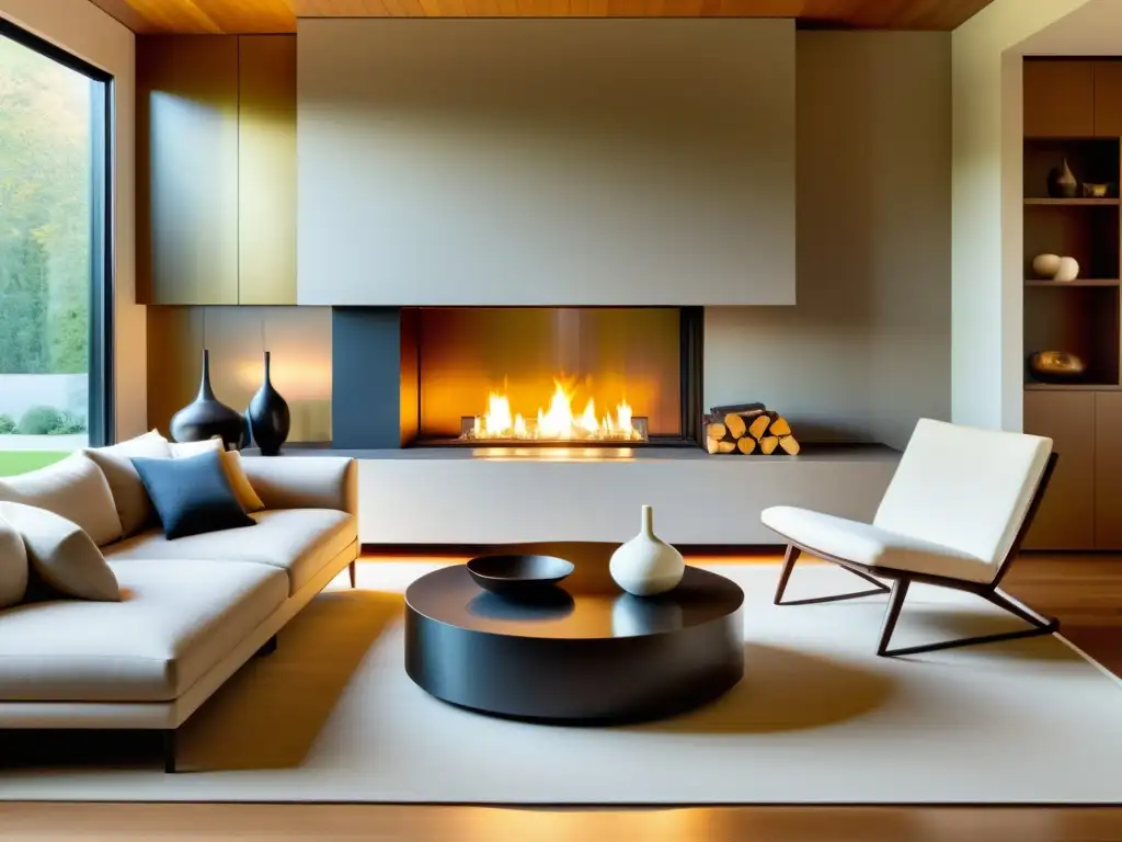 Acogedora sala con chimenea moderna, emitiendo una cálida luz y creando un ambiente contemporáneo e invitador, perfecto para relajarse