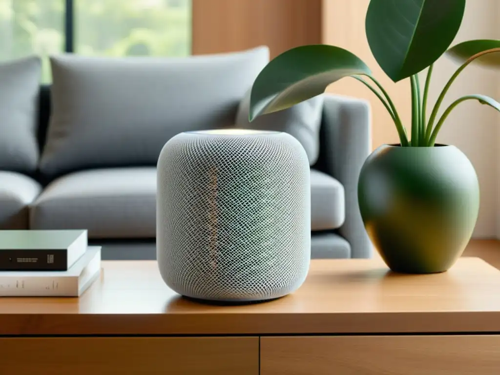 Acogedora sala con el Apple HomePod en mesa de madera