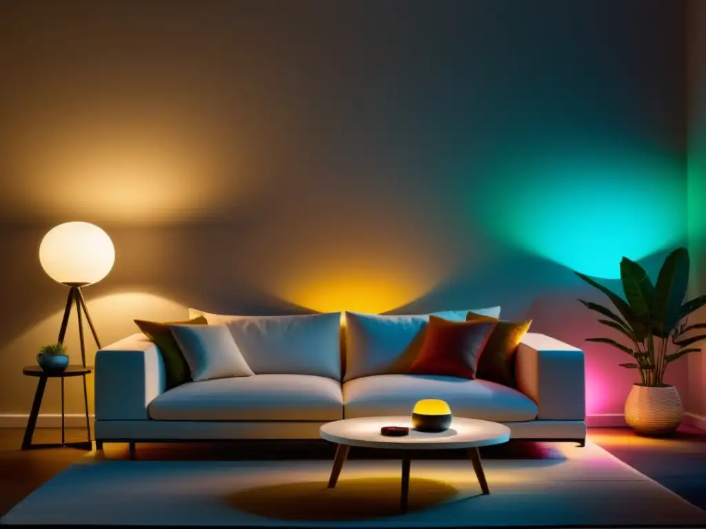 Acogedora sala con Sistema iluminación inteligente Philips Hue en acción, creando ambientes cálidos y vibrantes