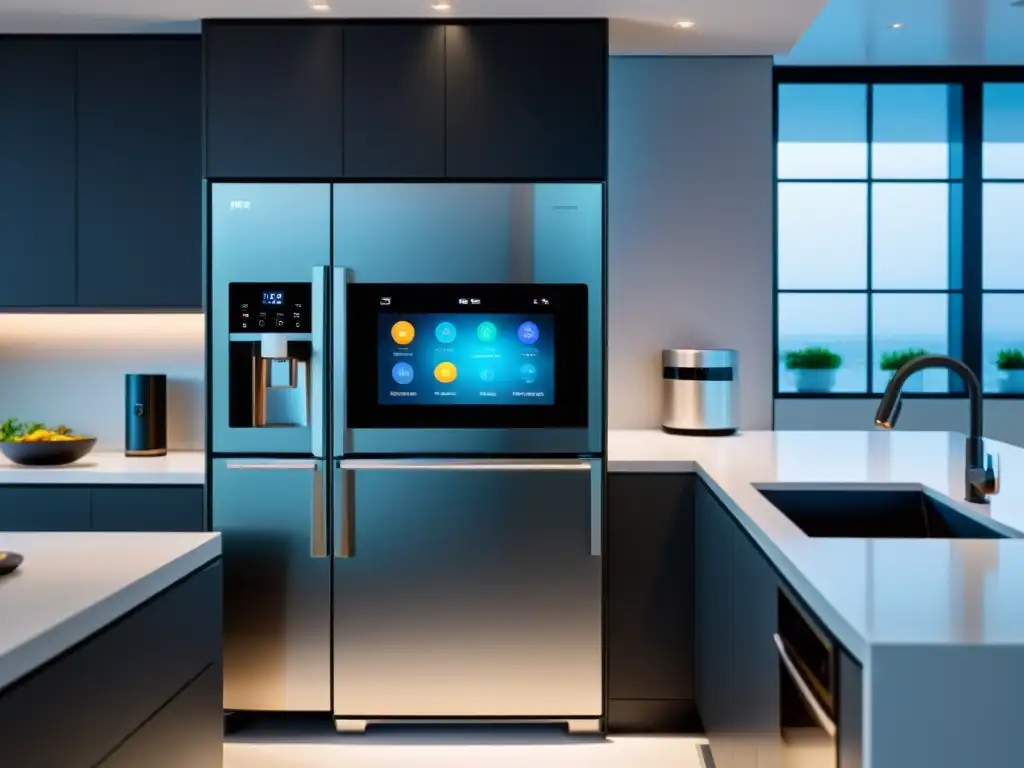 Cocina inteligente: notificaciones de seguridad para electrodomésticos Configurar alertas notificaciones electrodomésticos seguridad en cocina moderna futurista con electrodomésticos conectados a panel de control central