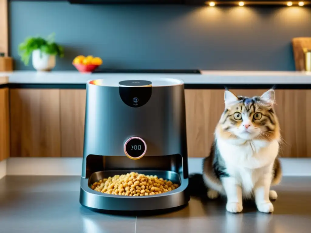 Alimentador inteligente de mascotas con cámara integrada y control de porciones, en cocina moderna