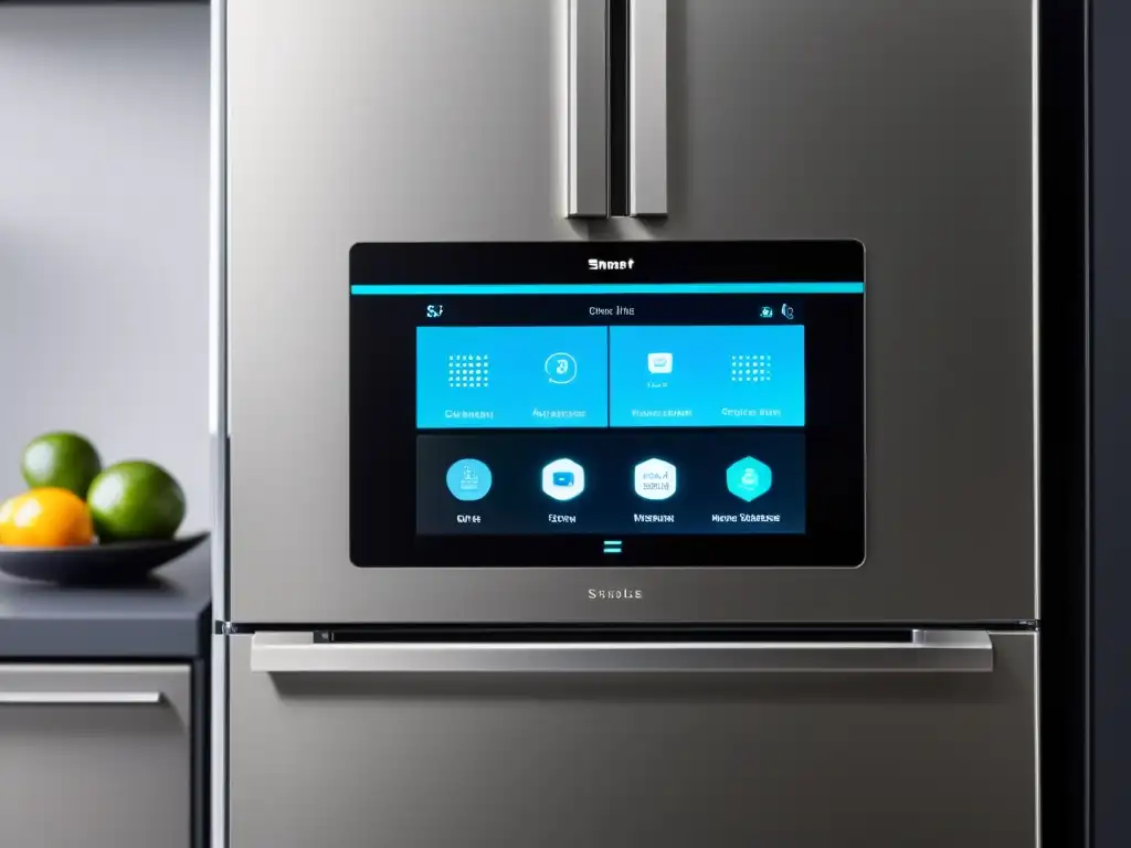 Un ambiente de cocina futurista con electrodomésticos conectados a smartphone, combinando elegancia y tecnología de vanguardia