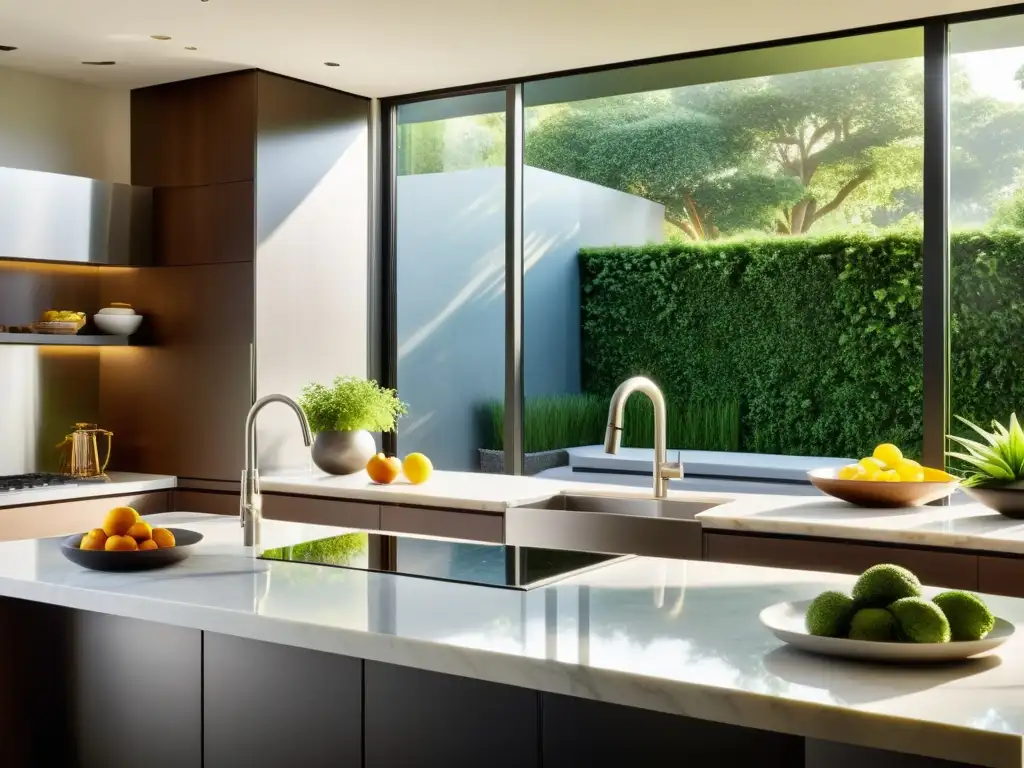 Un ambiente de cocina moderna con electrodomésticos de acero inoxidable, encimera de mármol y una amplia ventana con vista a un exuberante jardín