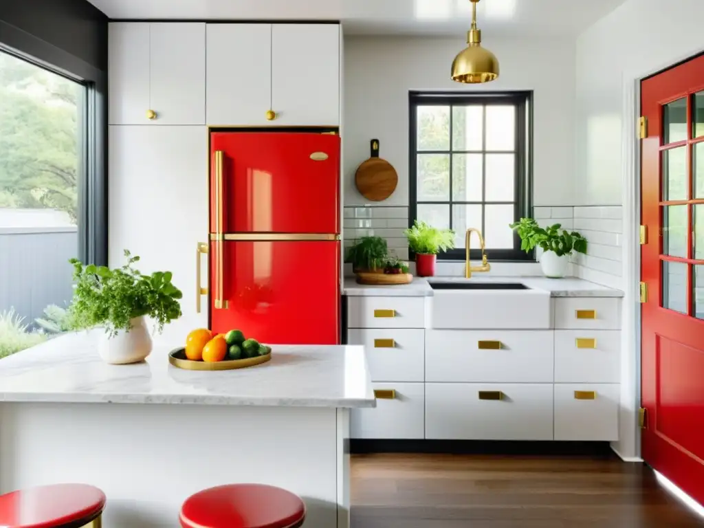 Un ambiente de cocina moderna con electrodomésticos retro diseño interior, incluyendo un refrigerador rojo vibrante como punto focal