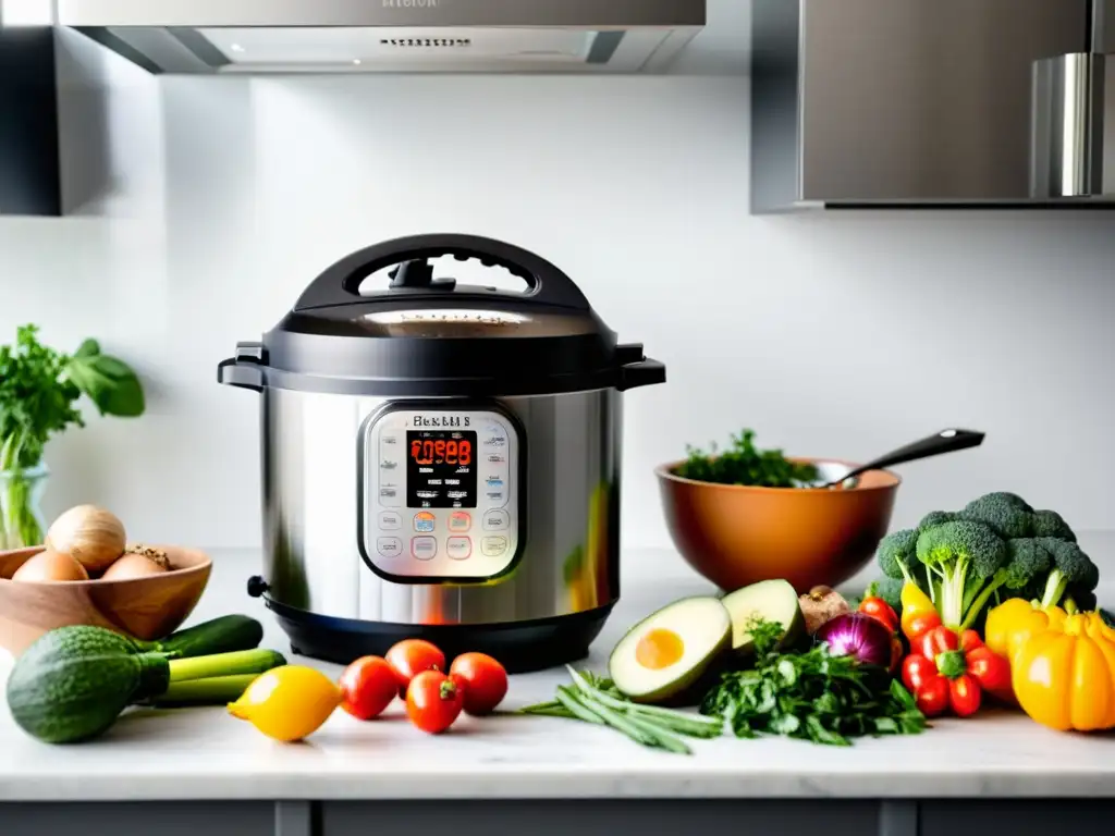 Análisis completo Instant Pot gadget cocina: Encimera moderna con Instant Pot rodeado de ingredientes frescos y coloridos en pequeños recipientes