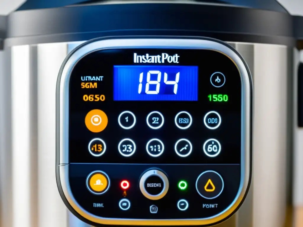 Análisis completo Instant Pot gadget cocina: Panel de control detallado con interfaz digital, botones iluminados y acabado en acero inoxidable