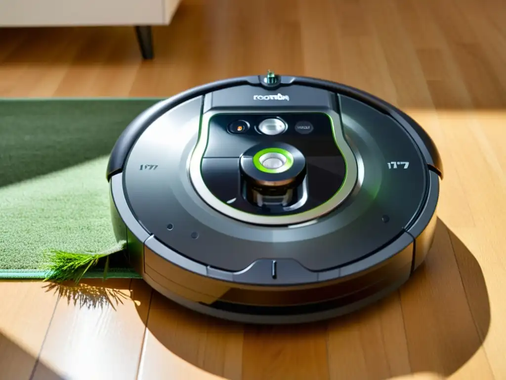 Análisis exhaustivo robot aspirador Roomba i7 en acción, con diseño moderno y detalles precisos de limpieza bajo la luz