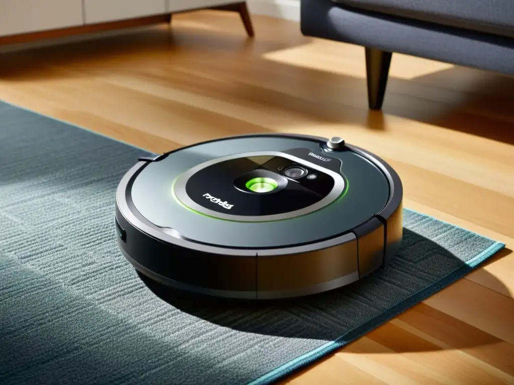 Análisis exhaustivo robot aspirador Roomba i7: Imagen de alta resolución del robot en acción, destacando su diseño moderno y avanzadas características