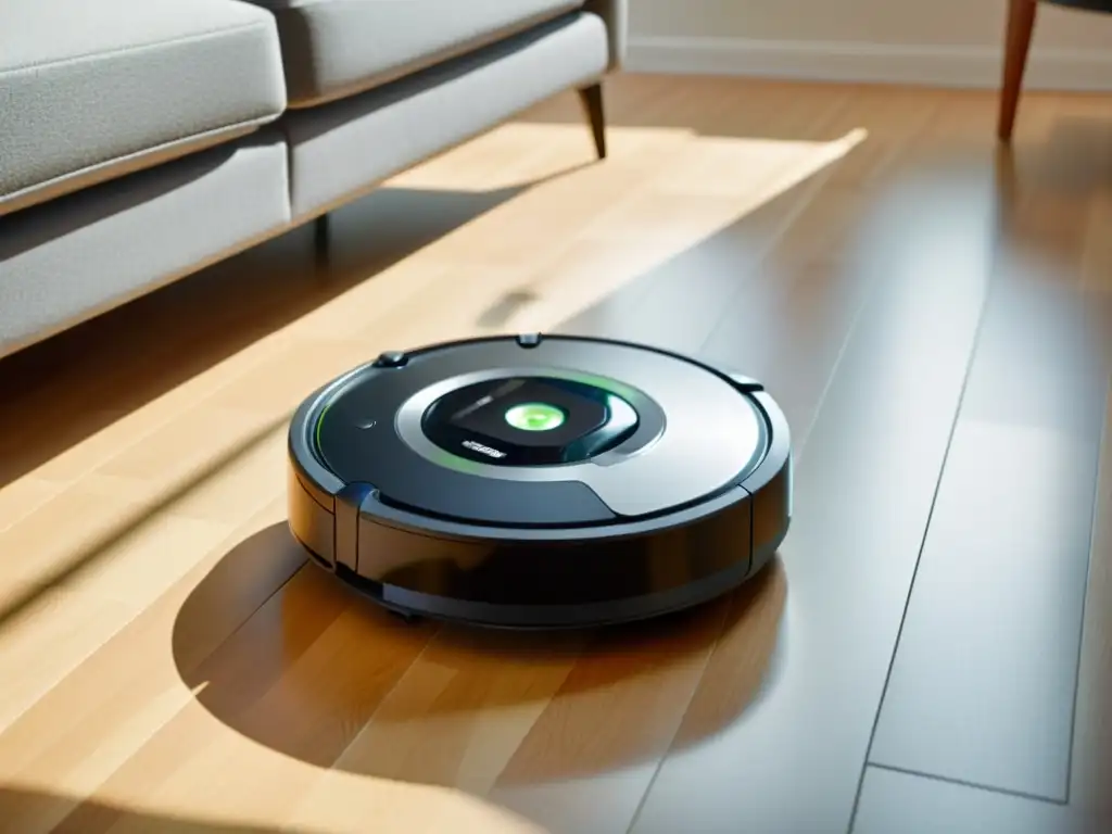 Un análisis exhaustivo del robot aspirador Roomba i7 en acción, mostrando su diseño moderno y características avanzadas mientras navega entre muebles con sensores y cepillos de alta tecnología