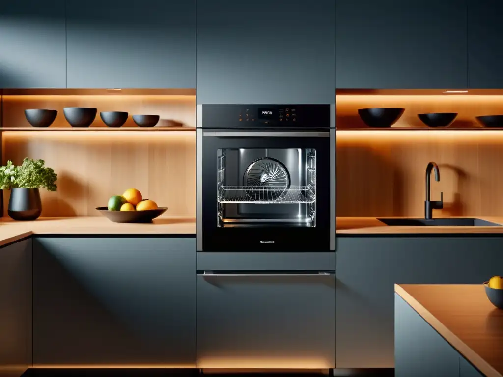 Análisis del último electrodoméstico multifuncional en una cocina minimalista de alta gama con iluminación suave y diseño innovador en 8k