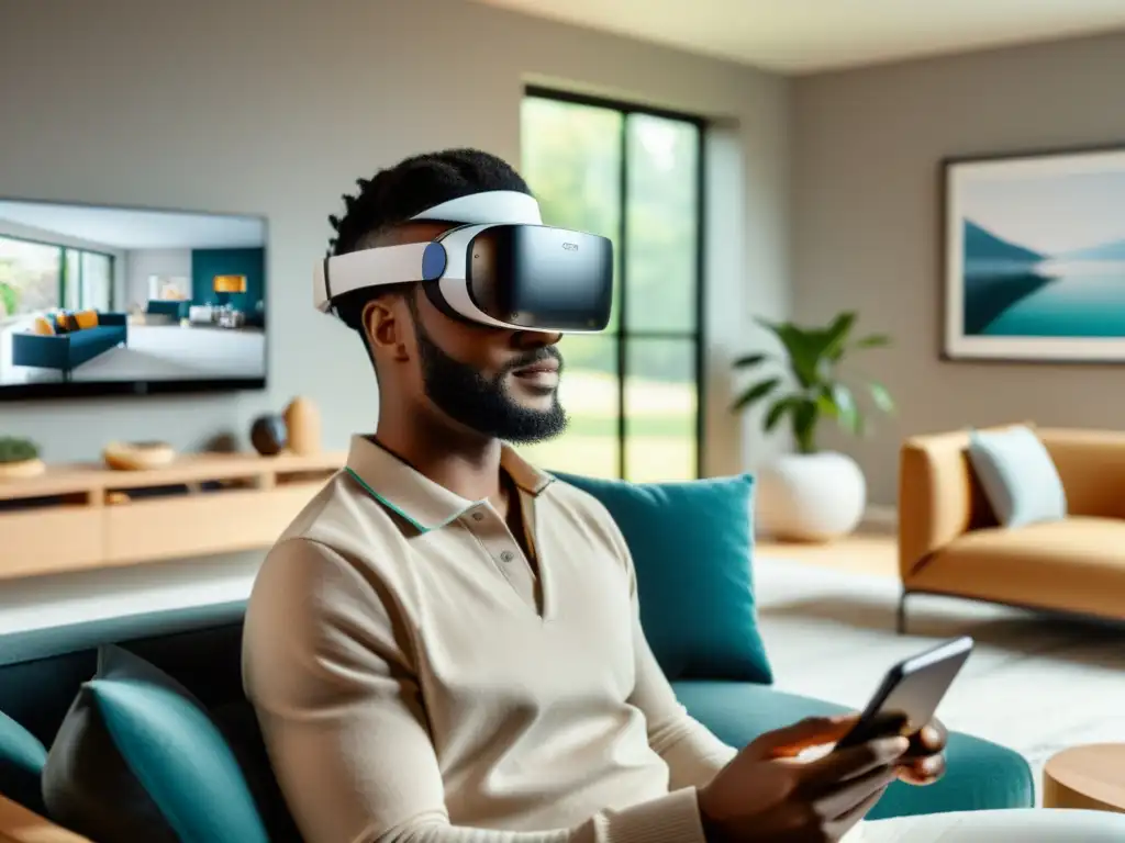 Aplicaciones de realidad aumentada hogar: Un salón moderno fusiona tecnología y diseño, con un headset AR y decoración virtual