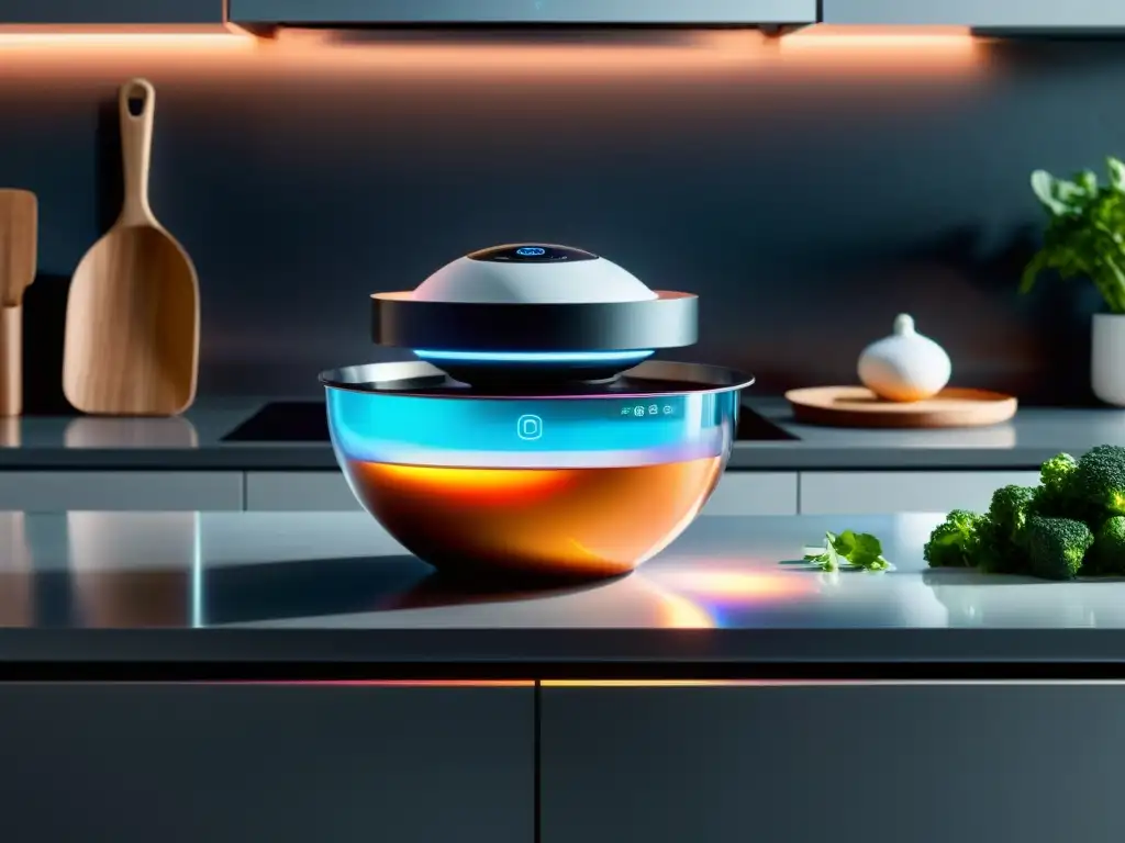 Un asistente de cocina inteligente revoluciona la preparación de alimentos en una cocina futurista y sofisticada