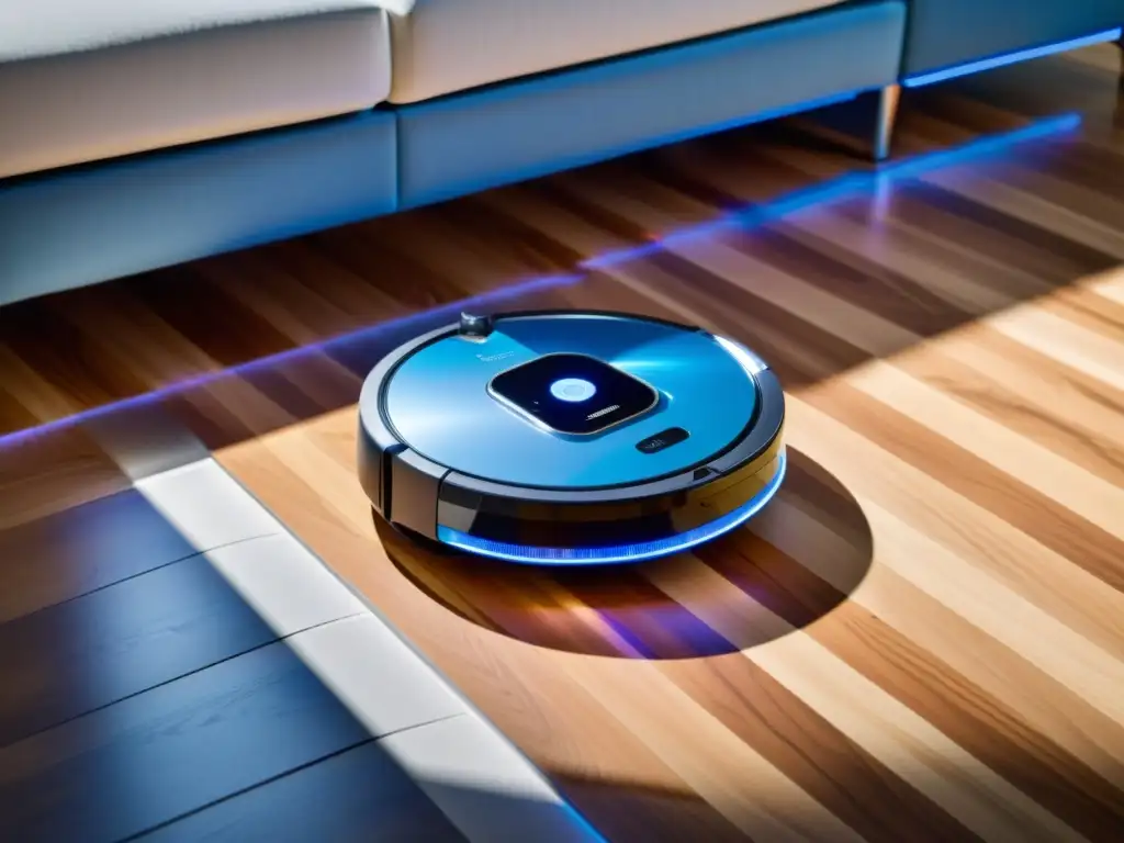 Una aspiradora robot de diseño futurista y luces azules, limpia con precisión un suelo de madera