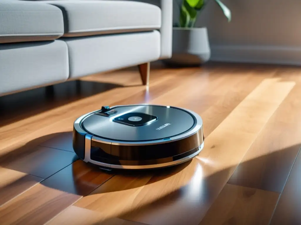 Evolución de la aspiradora en hogar: un robot futurista limpia un piso impecable en un moderno salón con luz natural