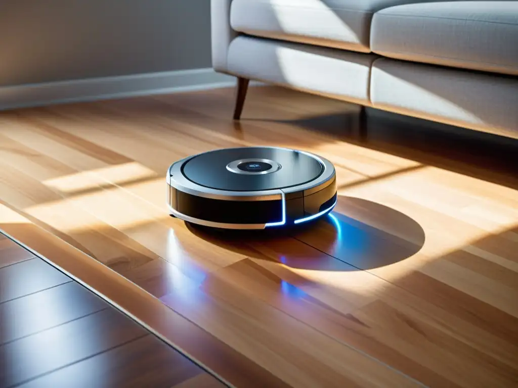 Aspiradora robot para limpieza del hogar deslizándose con elegancia sobre un suelo de madera, exhibiendo su diseño moderno y tecnología avanzada en un espacio minimalista y luminoso