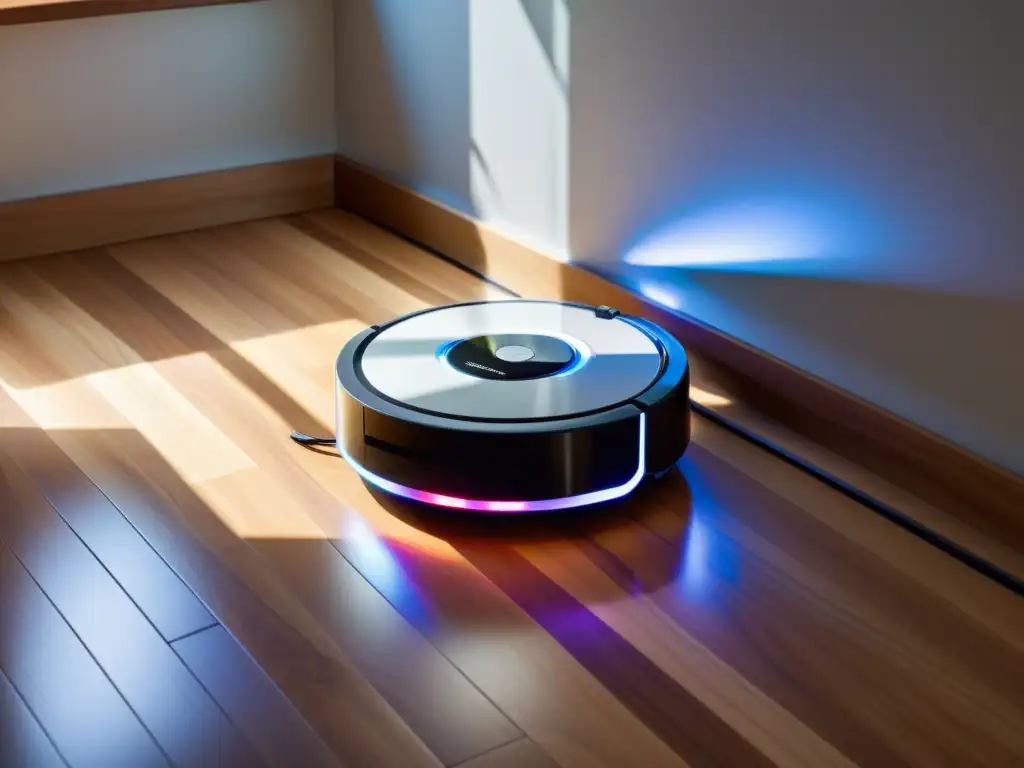 Aspiradora robot para limpieza del hogar deslizándose con elegancia en un piso de madera, rodeada de un espacio sereno y ordenado bajo la luz natural