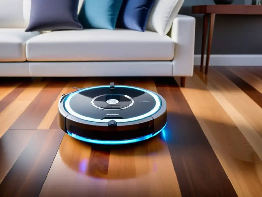 Una aspiradora robot para limpieza del hogar de diseño futurista deslizándose sin esfuerzo sobre el suelo de madera, iluminada por suaves luces LED mientras navega con precisión alrededor de los muebles en un ambiente contemporáneo y acogedor