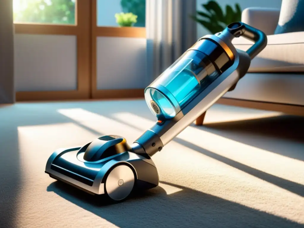 Potente aspiradora con filtro HEPA, capturando alérgenos en casa impecable Una aspiradora moderna con filtro HEPA capturando partículas en un hogar libre de alérgenos, iluminado por luz ambiental