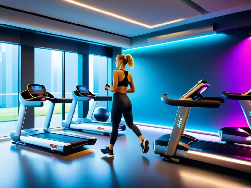 Una atmósfera energética y futurista en un gimnasio moderno con equipos de ejercicio inteligentes