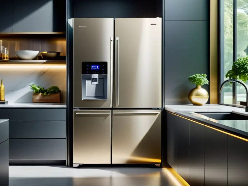 Avances en refrigeradores congeladores: Imagen detallada de un moderno combo con acabado metálico brillante y diseño minimalista en una lujosa cocina