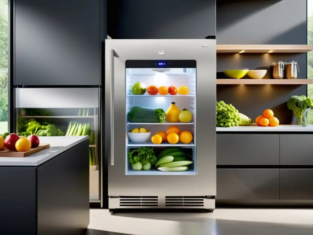 Avances en refrigeradores congeladores: Moderno combo de acero inoxidable 2en1 con puerta de vidrio, iluminado desde adentro para mostrar alimentos frescos, lácteos y congelados en estantes ordenados en una cocina contemporánea de lujo y conveniencia