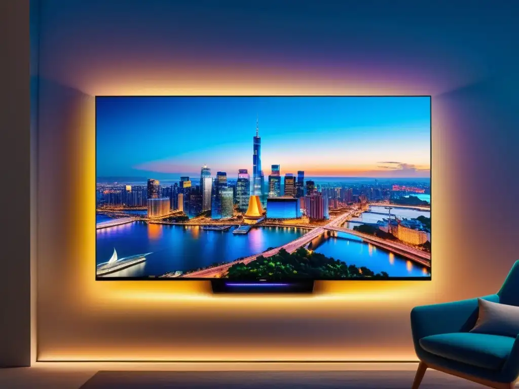 Avances tecnológicos en televisores: Televisor OLED ultradelgado montado en la pared, mostrando una nítida imagen 8K de una ciudad futurista al anochecer