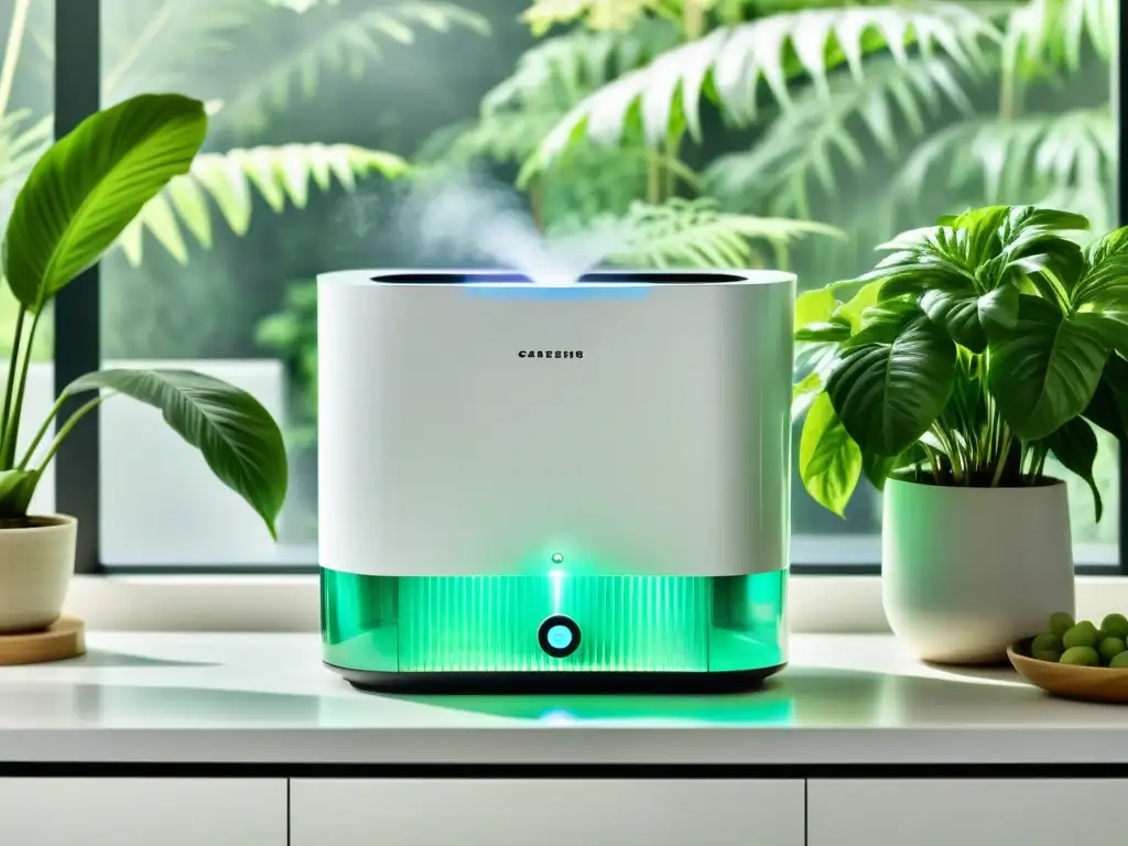 Avanzado purificador de aire y agua elimina contaminantes en cocina minimalista blanca con diseño moderno y plantas verdes