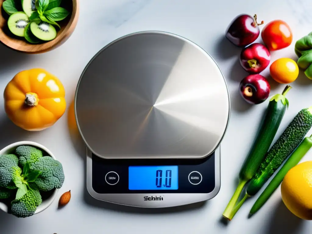 Una balanza de cocina digital moderna con acabado de acero inoxidable y pantalla LED brillante, rodeada de ingredientes frescos