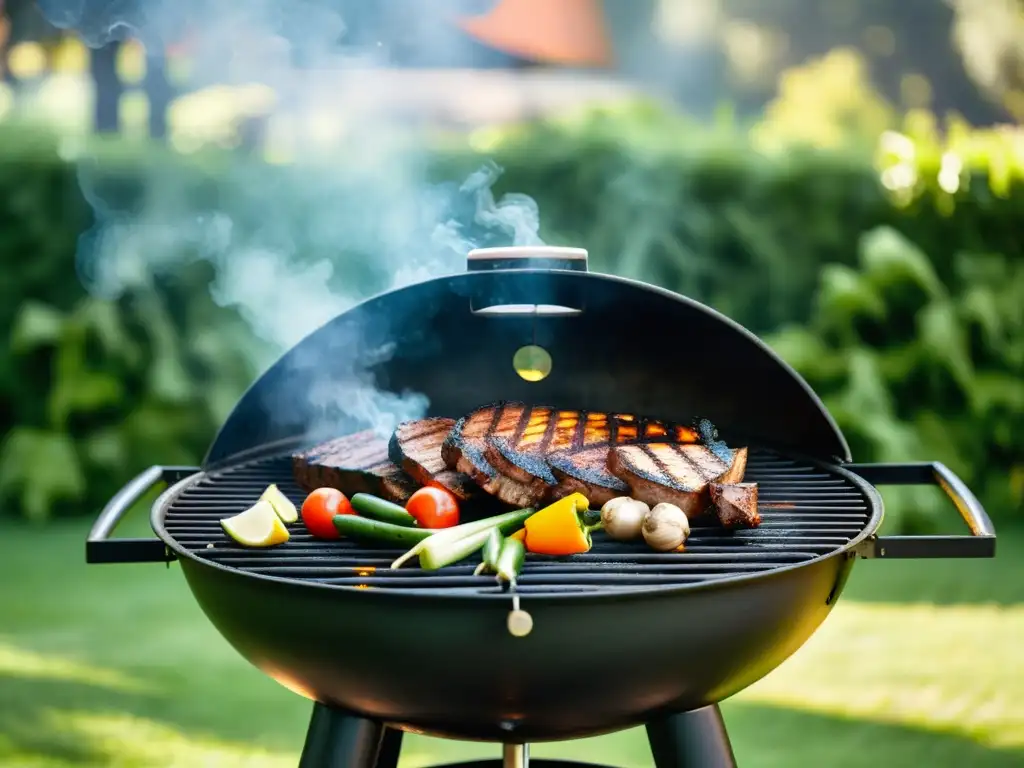 Una barbacoa de carbón tradicional en un entorno natural, con carne y verduras sizzling en la parrilla