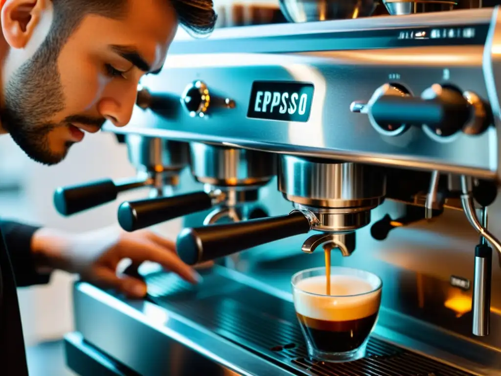 Un barista experto cuida con precisión una moderna cafetera express, destacando su mantenimiento y diseño contemporáneo