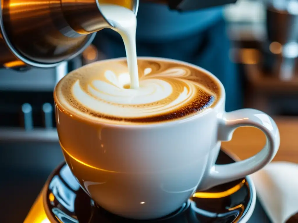 Un barista vierte con maestría la leche vaporizada en un espresso oscuro, creando una hipnótica espiral de colores