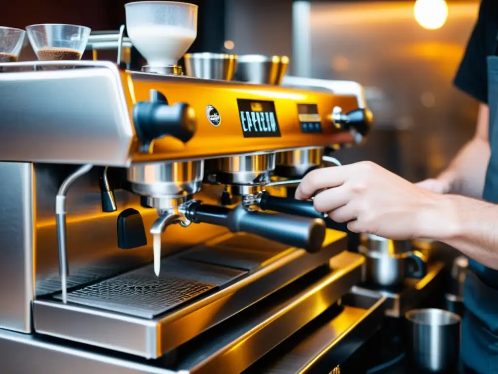 Un barista meticuloso limpia con cuidado una cafetera express, resaltando la importancia del mantenimiento para el café perfecto