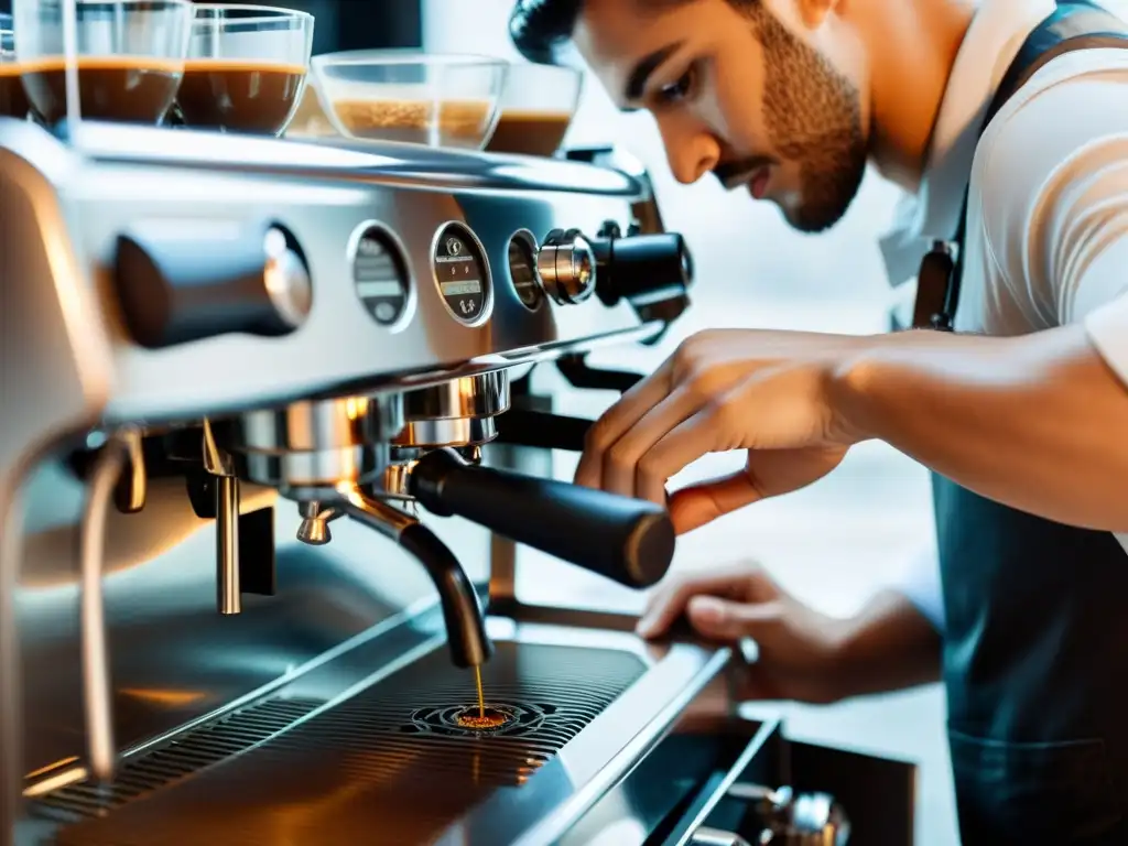 Un barista desmonta con precisión una elegante máquina de café expresso