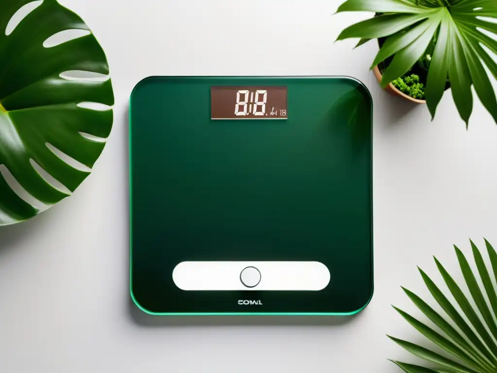 Una báscula de baño digital moderna con un diseño elegante y superficie de vidrio, rodeada de plantas verdes