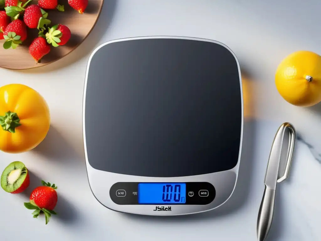 Una báscula de cocina digital de acero inoxidable con pantalla LED, rodeada de ingredientes frescos para destacar su versatilidad y precisión