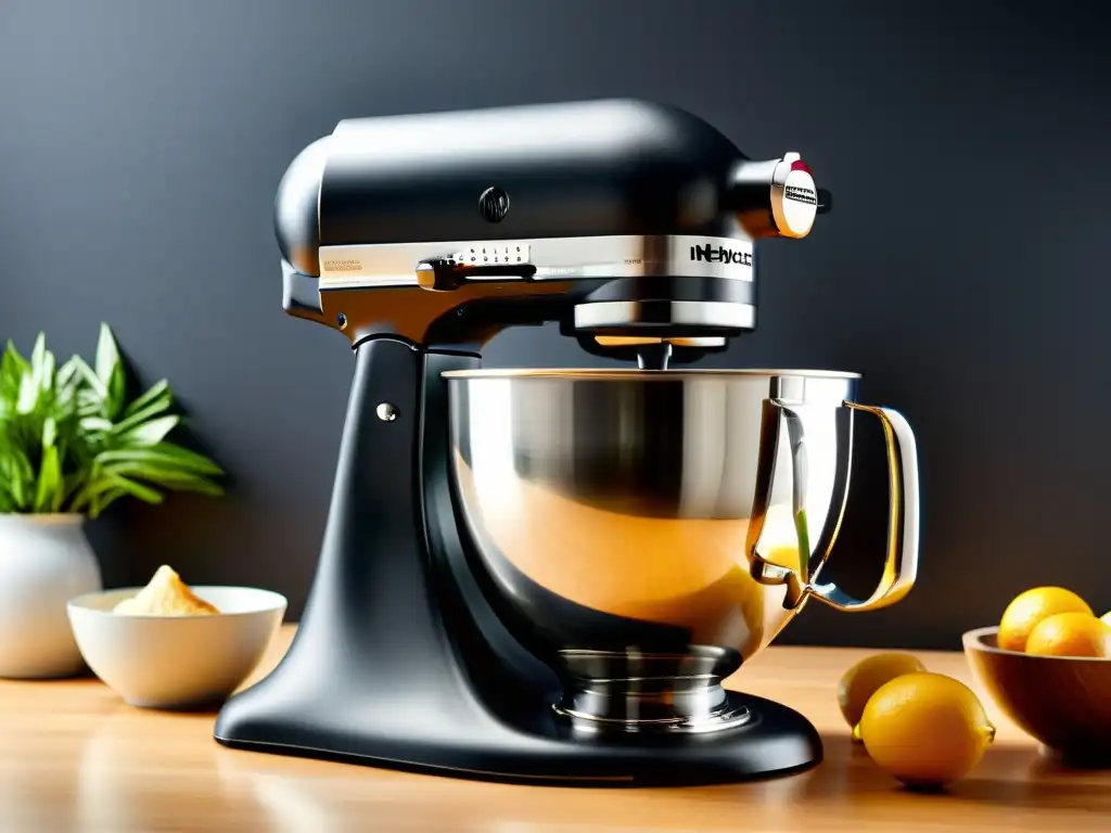 Batidora de pie negra mate: mezcla perfecta en acción Batidora de alto rendimiento en negro mate, mezclando una masa cremosa en un tazón de acero inoxidable