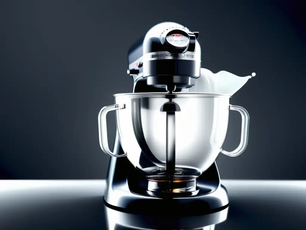Mixer de alta gama mezclando masa en vidrio transparente Una batidora de alto rendimiento para repostería en acción, mezclando una masa suave y aireada en un tazón de vidrio transparente