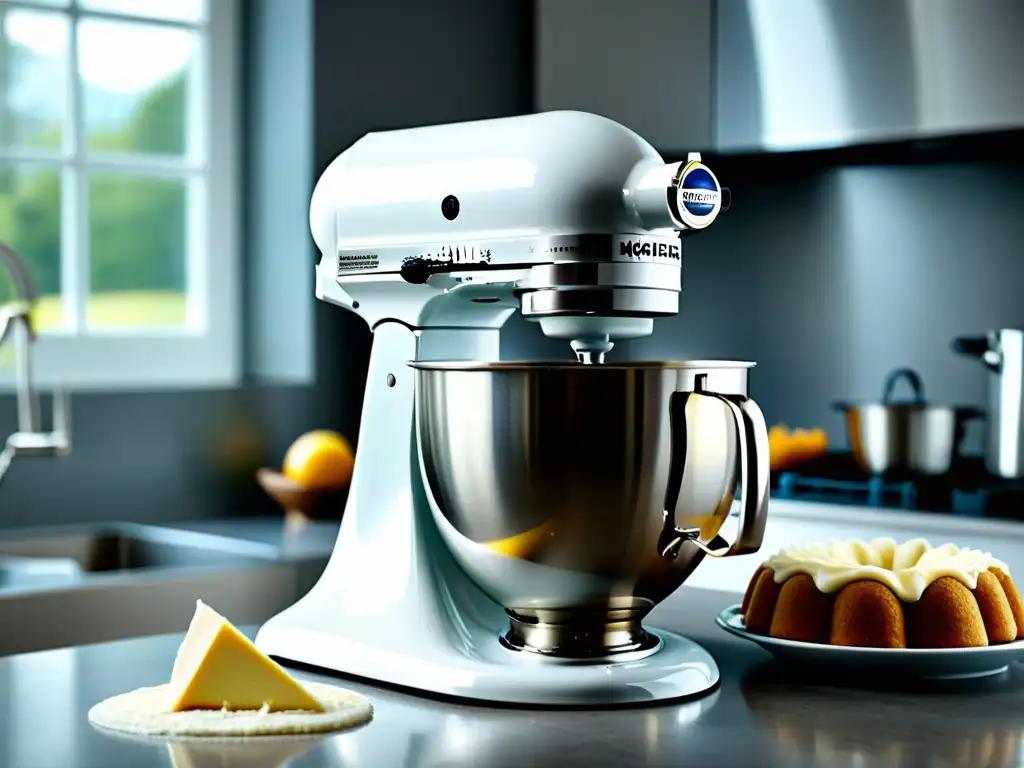 Batidora de alta gama mezclando masa de bizcocho en cocina blanca Batidora de alto rendimiento para repostería mezclando una masa esponjosa en una cocina blanca y elegante, iluminada por luz natural