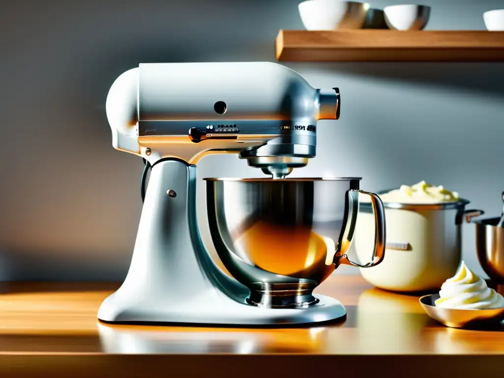 Máquina batidora de alta gama: potencia y elegancia en la cocina Una batidora de alto rendimiento para repostería en una cocina elegante, batiendo suavemente nata montada en un entorno profesional y sofisticado