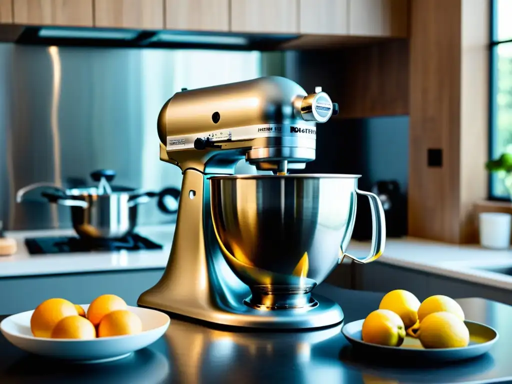 Una batidora de repostería con tecnología avanzada y diseño moderno, iluminada por luz natural en una cocina elegante