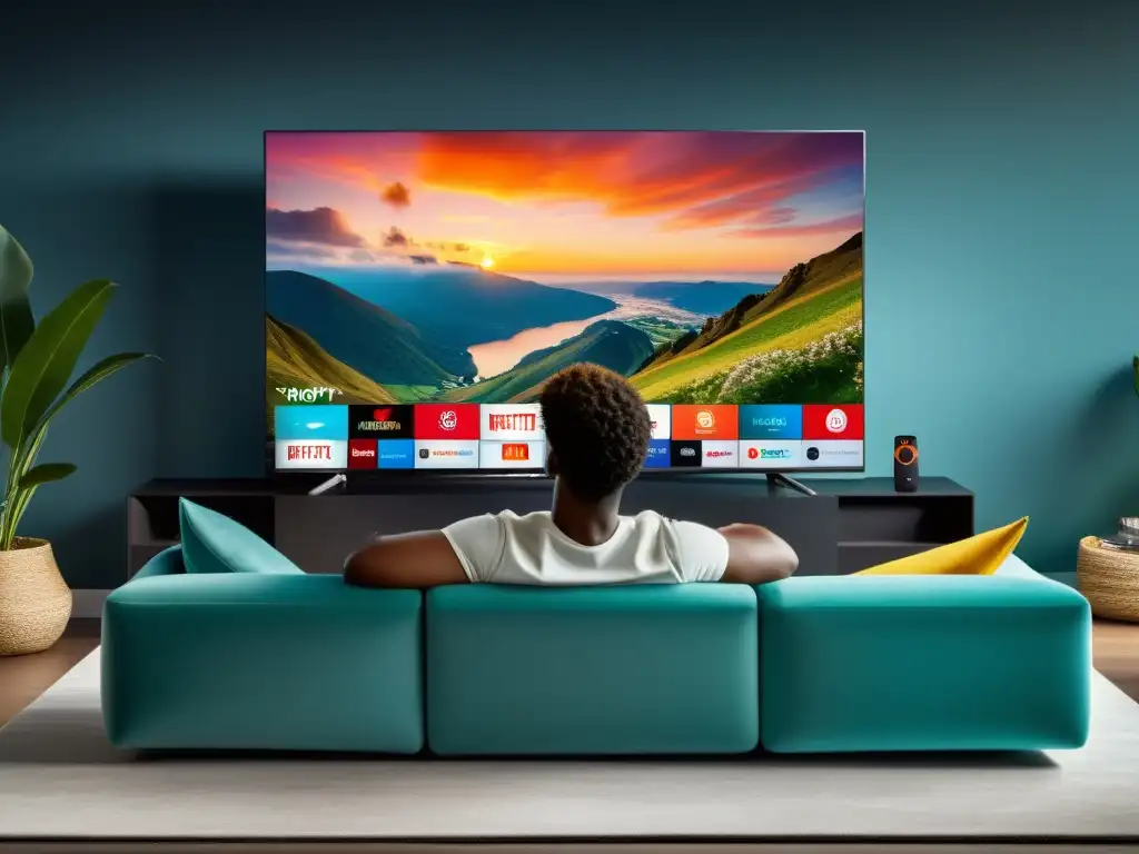 Experiencia de lujo: control remoto 8k para TV inteligente Disfruta de los beneficios de comprar una TV Smart en un ambiente lujoso y moderno con una persona controlando el televisor desde un sofá cómodo