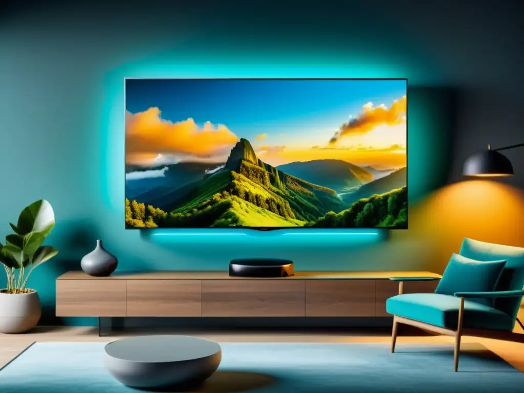 TV OLED 8K en sala moderna, naturaleza vibrante Disfruta los beneficios de comprar una TV Smart en un moderno y acogedor salón con una escena natural vibrante en un elegante televisor OLED de 8K
