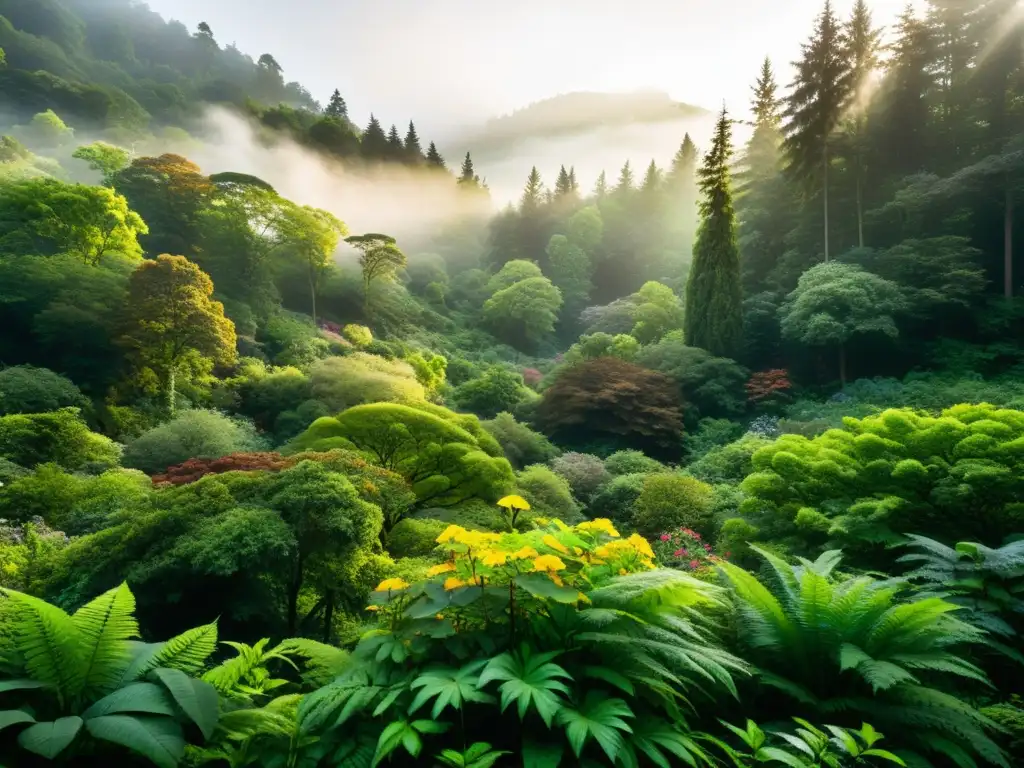 Un bosque exuberante y etéreo bañado por la luz del sol, con detalles asombrosos