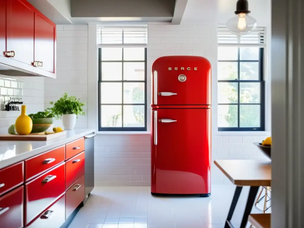 Brillante refrigerador retro rojo en cocina moderna con los mejores electrodomésticos retro para cocinas