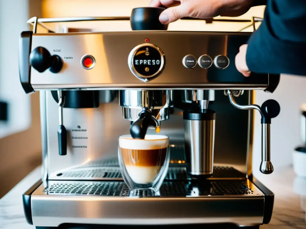 Una cafetera de acero inoxidable pulido con luces cálidas, sobre una encimera de mármol