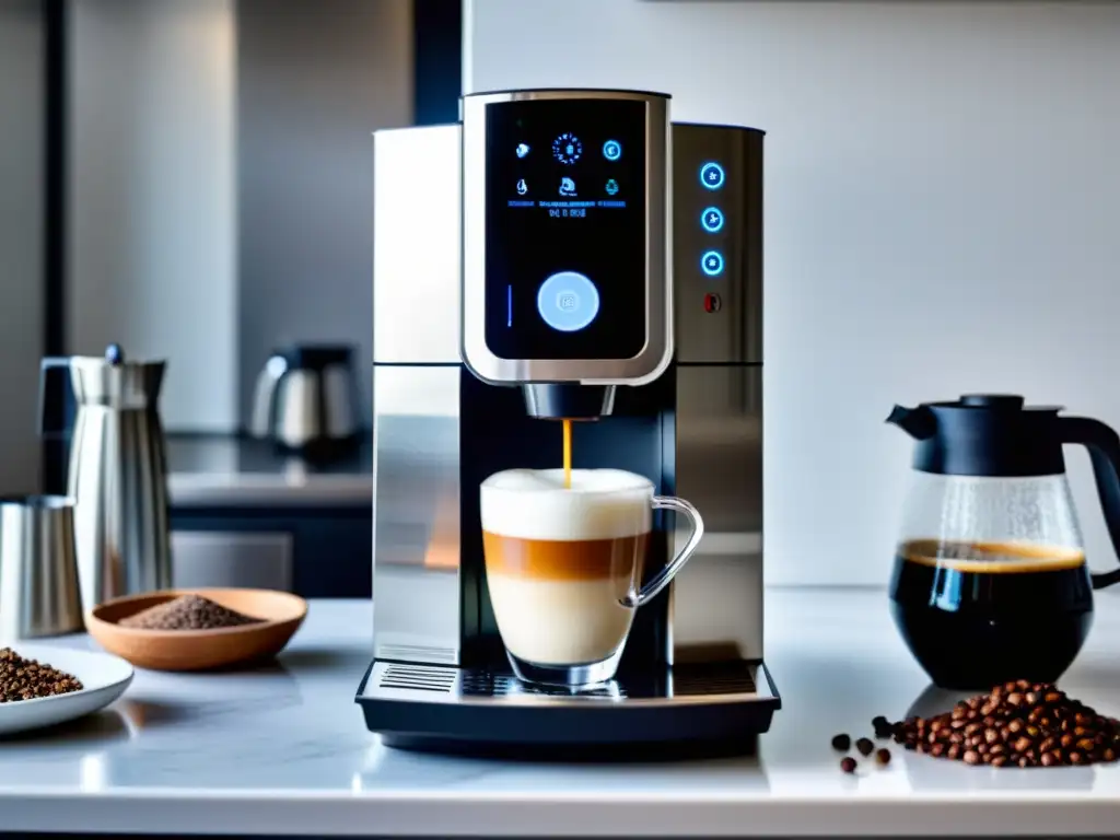 Una cafetera de alta tecnología en una cocina contemporánea, rodeada de café recién molido, tazas y jarra para espumar leche