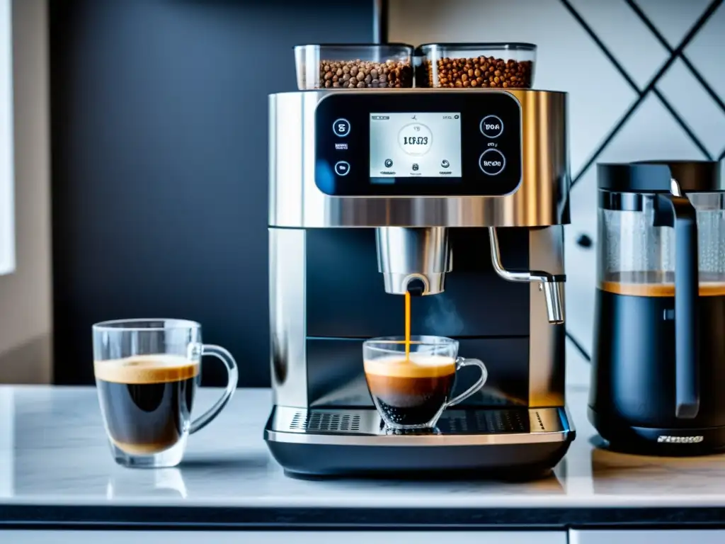 Una cafetera de alta tecnología en un elegante entorno blanco, con granos de café, espumador y una taza de espresso