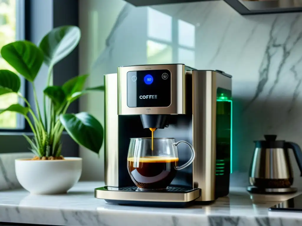 Una cafetera automática de alta calidad en una elegante encimera de mármol, con vapor y café recién hecho en una jarra de vidrio