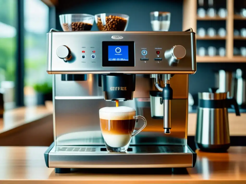 Una cafetera automática de alta tecnología extrayendo café, rodeada de granos de café recién tostados y una taza de cappuccino humeante