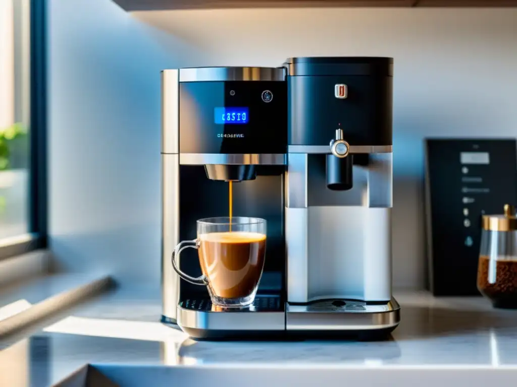 Una cafetera automática de diseño moderno en una encimera blanca impecable, iluminada por la luz del sol